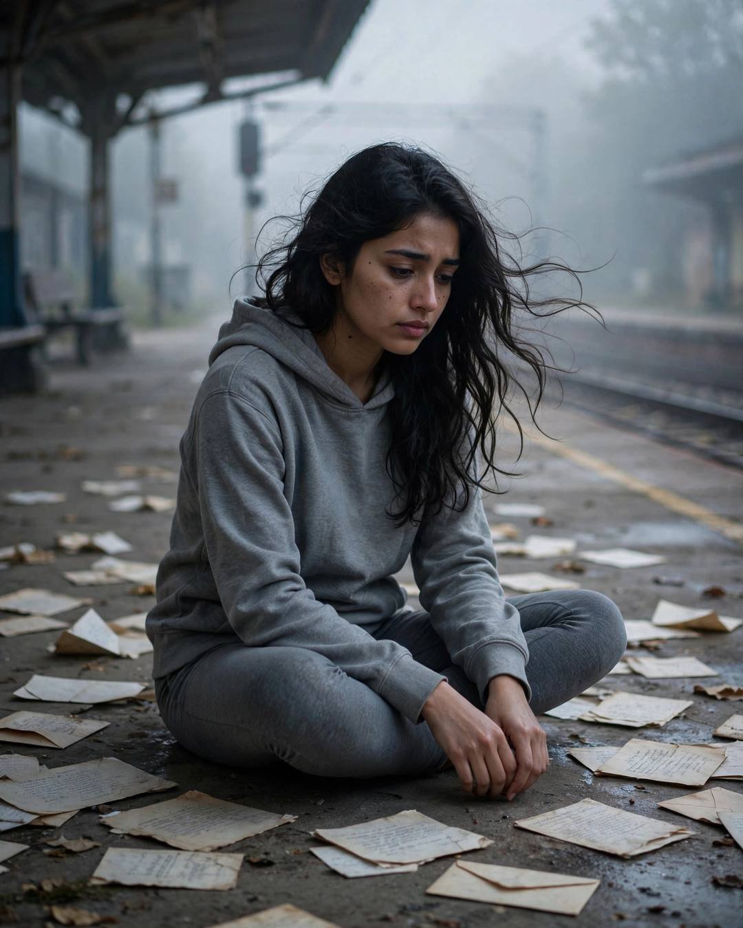 Young Indian woman in a grey hoodie sitting cross-legged among old letters on an empty railway platform