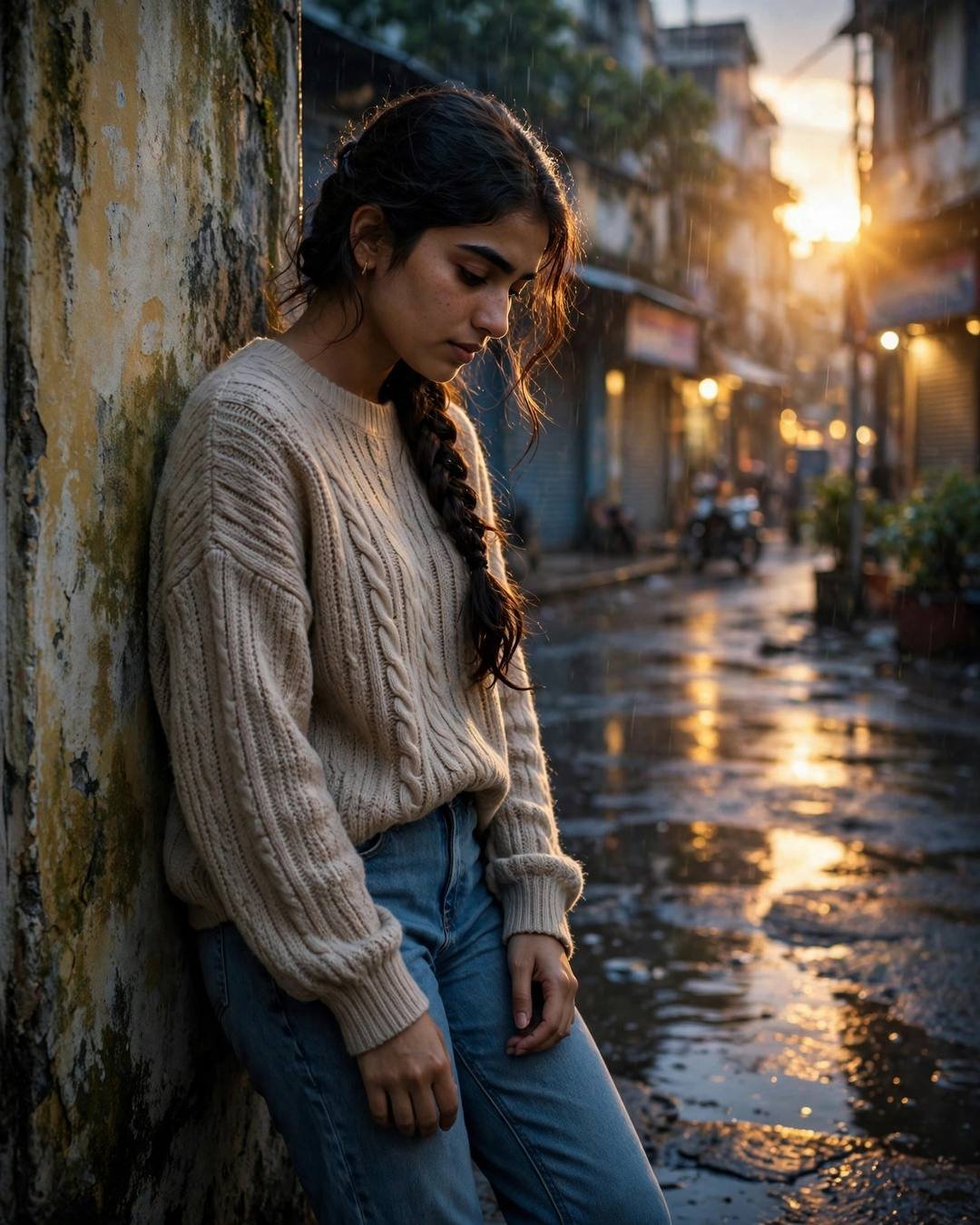 Young Indian woman with a long braid in a beige sweater leaning on a weathered wall on a wet street at golden hour