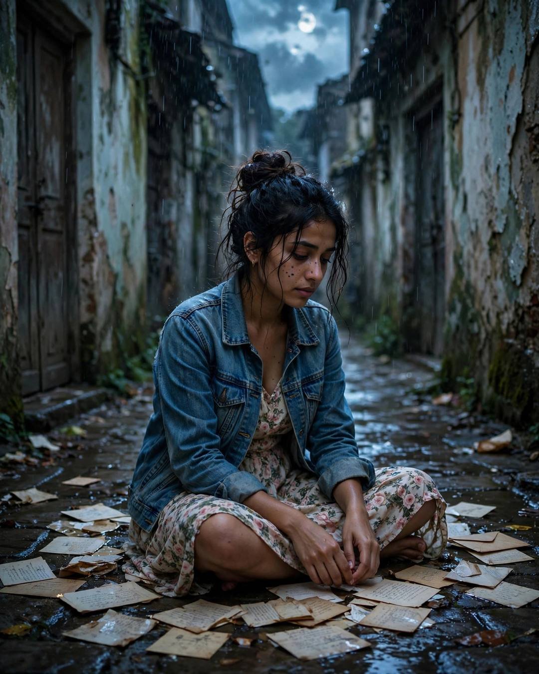 Young Indian woman in a denim jacket and floral dress sitting among old letters in a narrow rainy lane