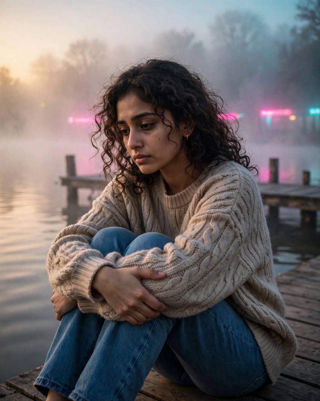 Young Indian woman in a beige sweater sitting with knees drawn up on a foggy lake pier at dawn