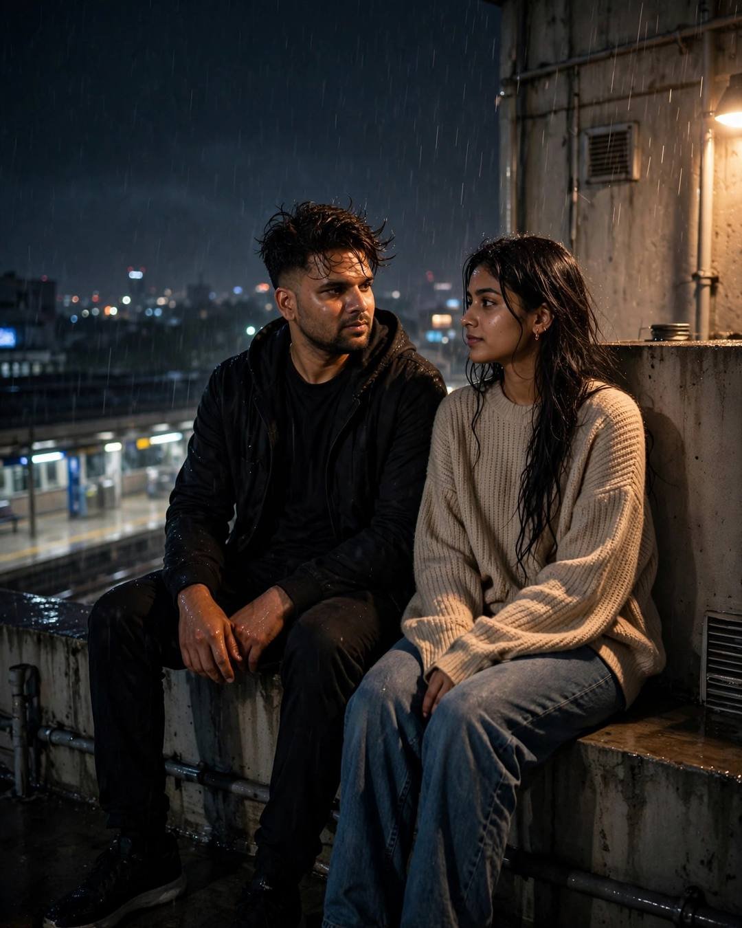 Young Indian couple sitting against a rooftop wall above a midnight metro station in drizzle