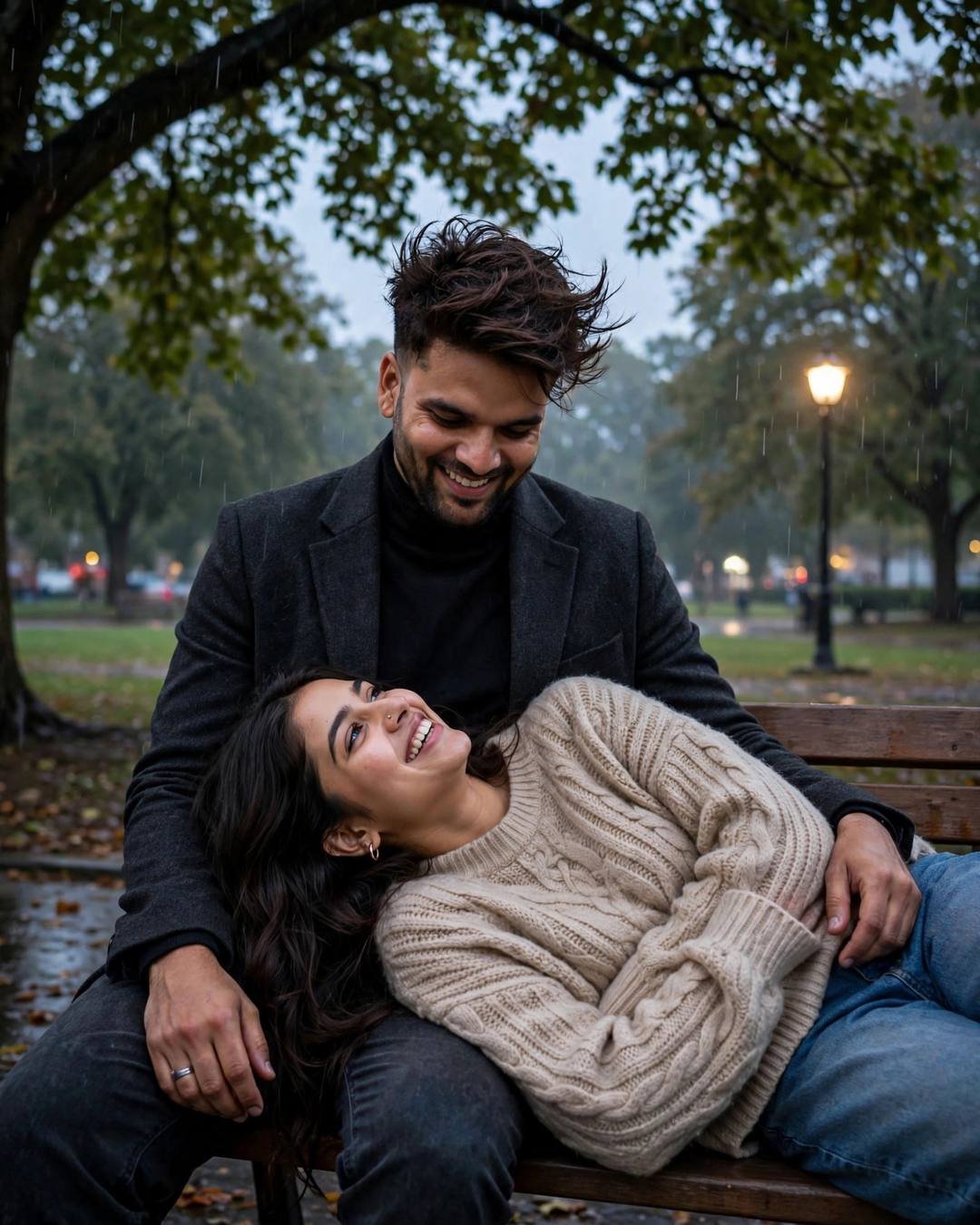 Young Indian couple on a park bench under a tree in drizzle at blue hour, laughing together