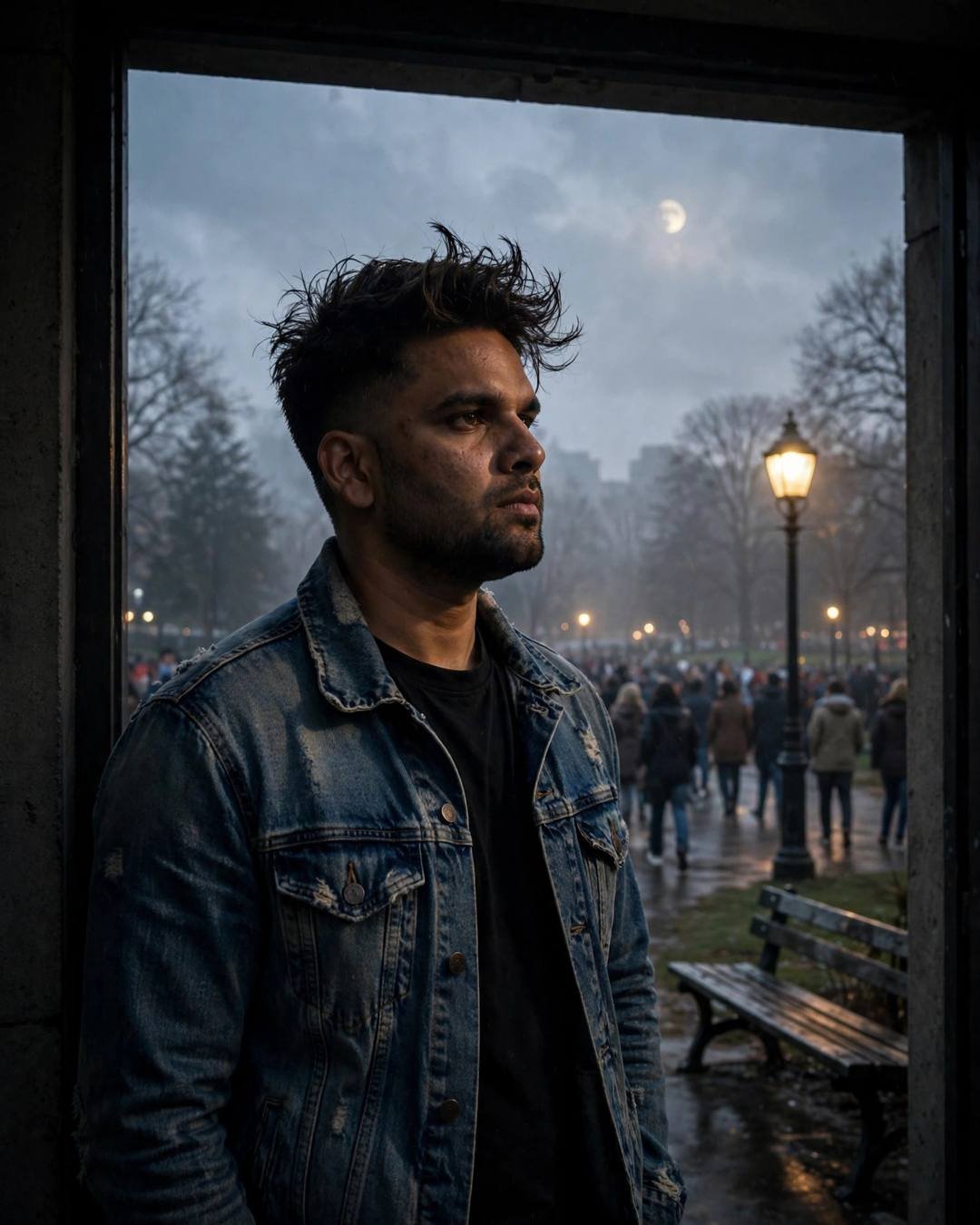 Young Indian man in a distressed denim jacket standing in a shadowed doorway overlooking a park at night