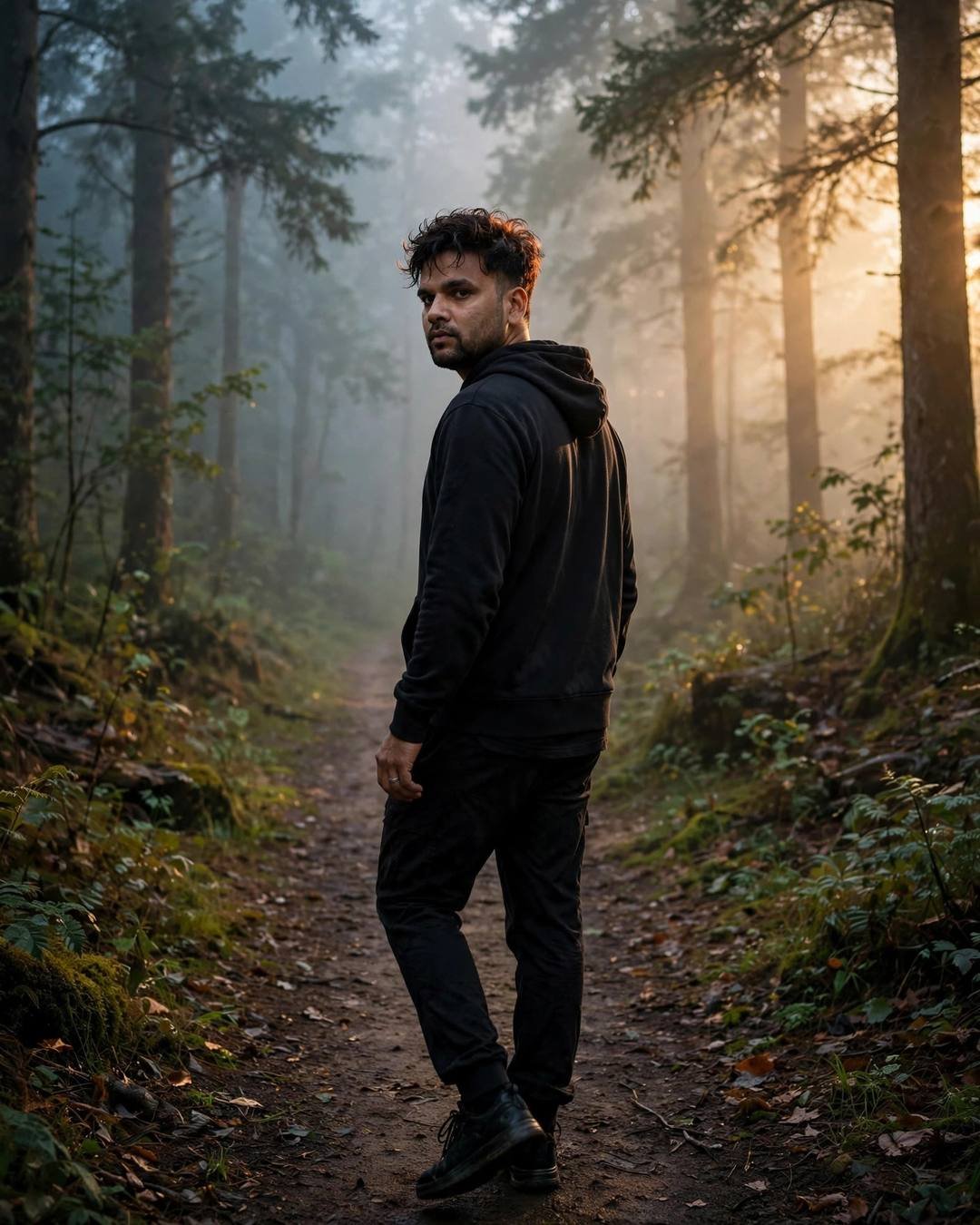 Young Indian man in black streetwear walking a misty forest path in golden side light