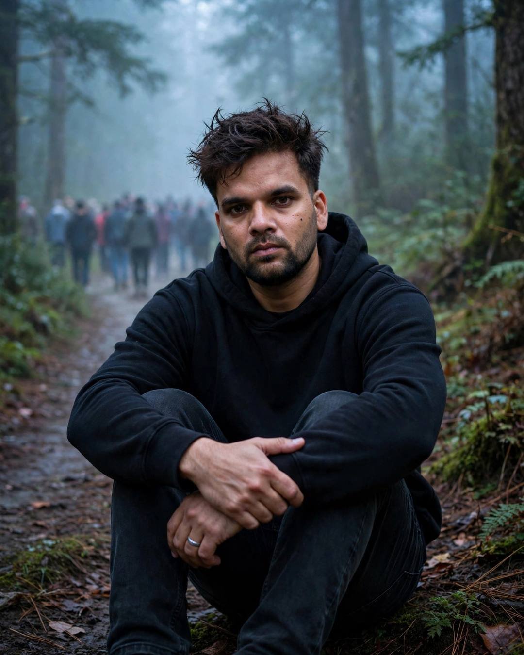 Young Indian man in a black hoodie sitting with knees drawn up on a misty forest path