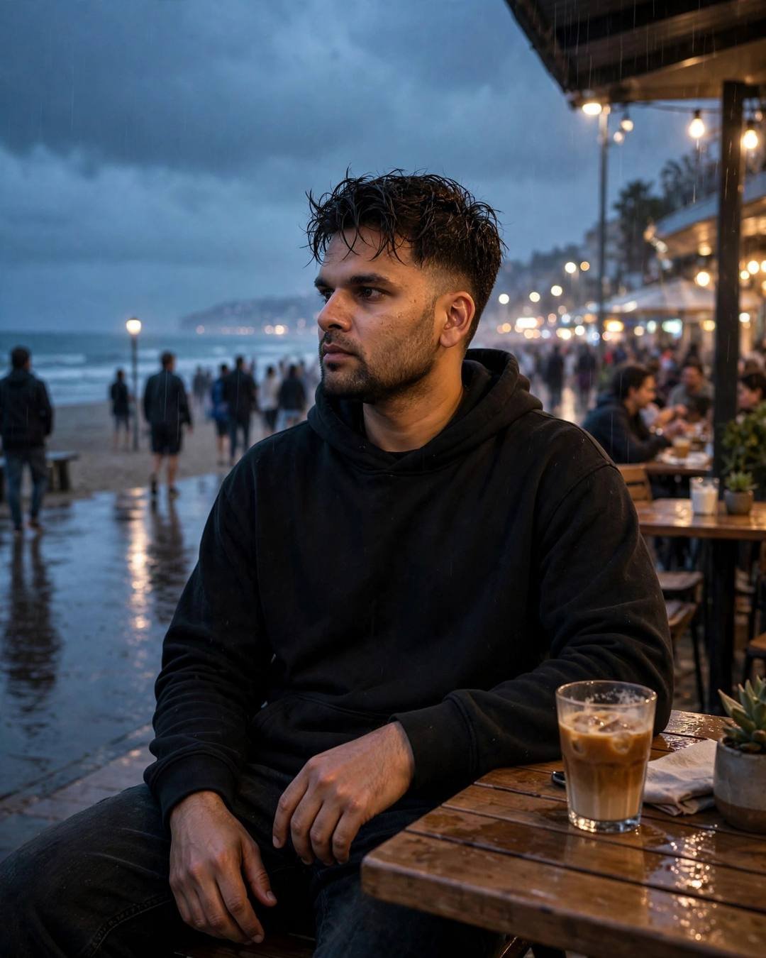 Young Indian man in a black hoodie sitting alone at a beach cafe table at dusk