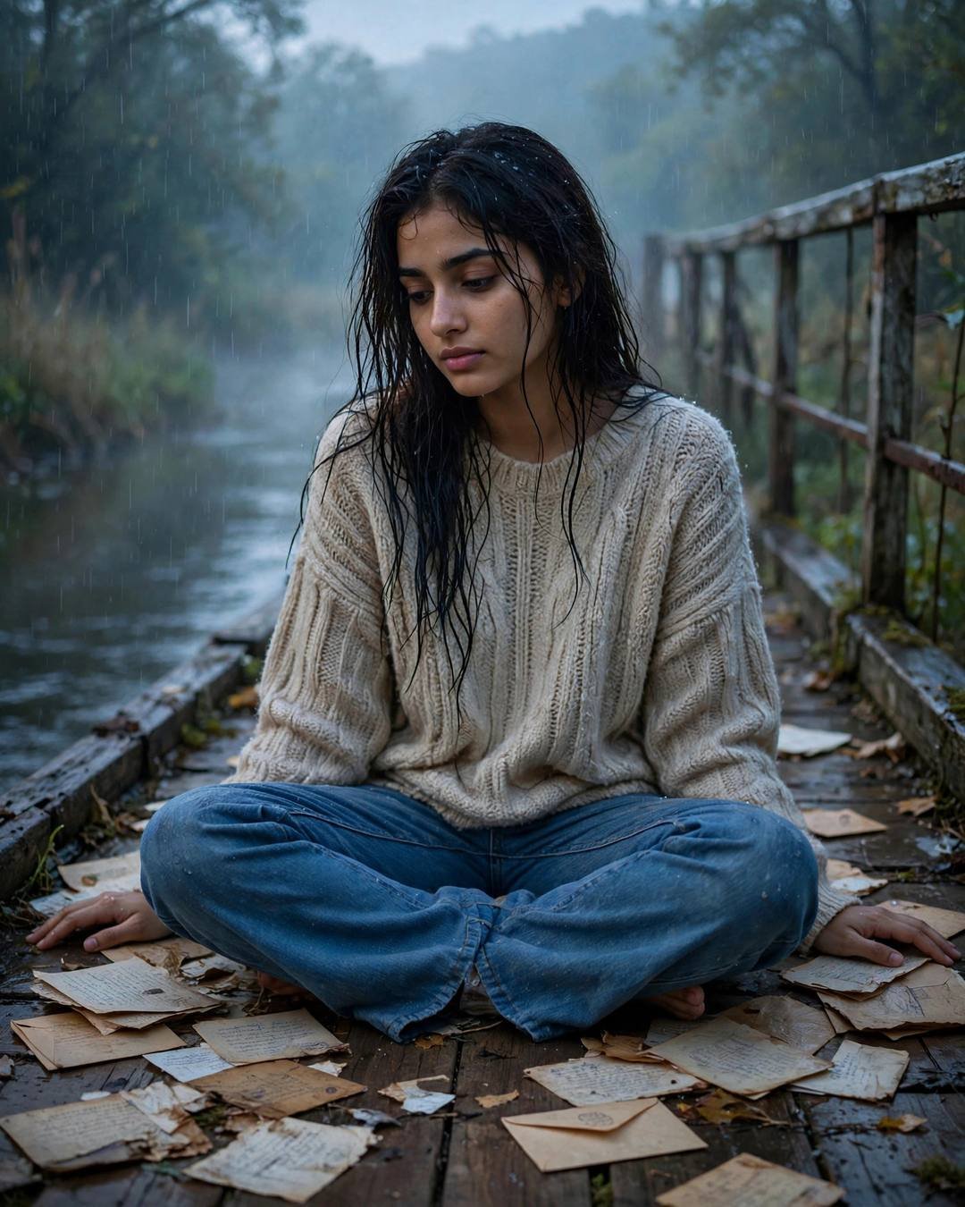 Young Indian woman in a beige sweater sitting cross-legged among old letters on a bridge over a river