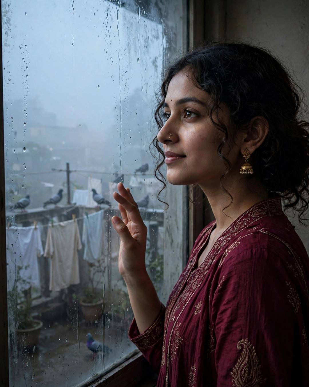 Young Indian woman in a maroon anarkali at a rain-streaked window overlooking a terrace with pigeons