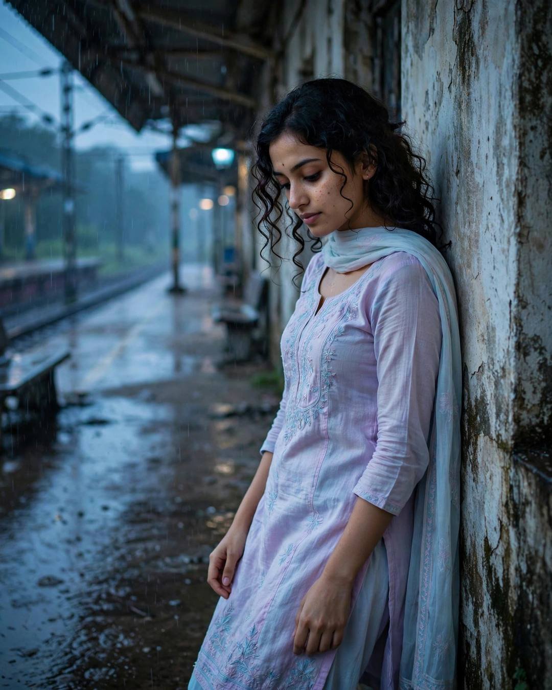 Young Indian woman in a pastel salwar-kameez leaning against a wall on an empty railway platform at blue hour