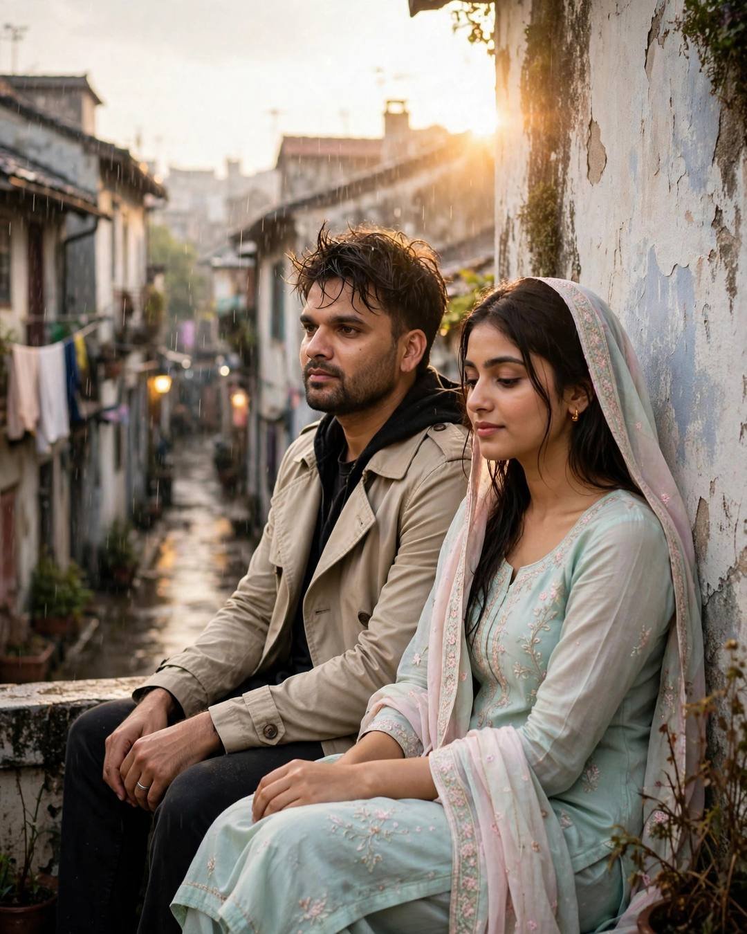 Young Indian couple sitting against a peeling wall in an old-city lane at golden hour