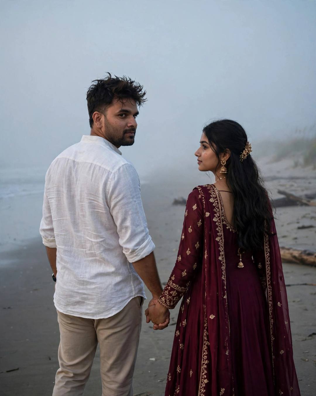 Young Indian couple walking hand in hand along a foggy beach at dusk, glancing back