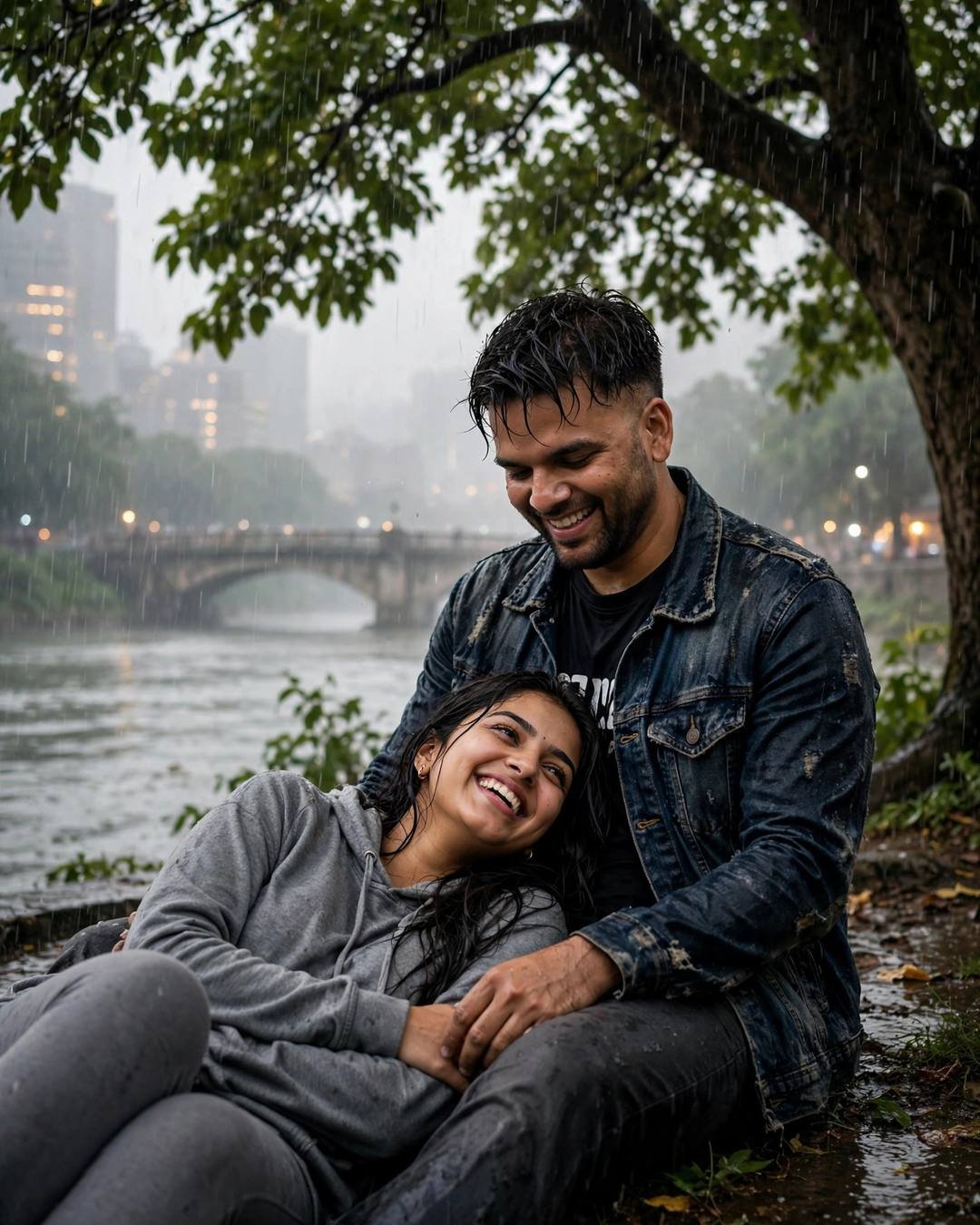 Young Indian couple laughing under a tree by a river bridge in monsoon rain