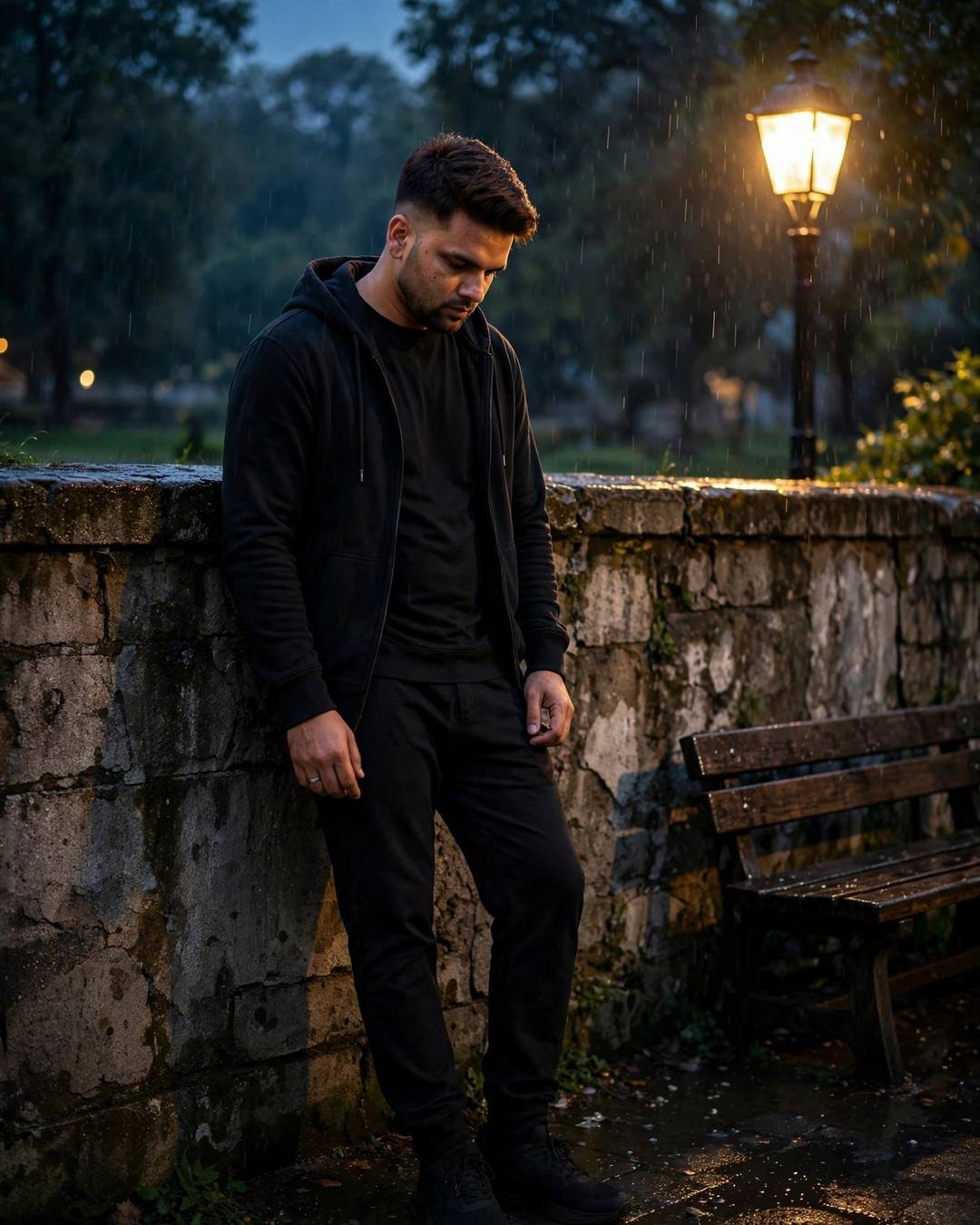 Young Indian man in black streetwear leaning against a wall near a park bench in rainy blue-hour light