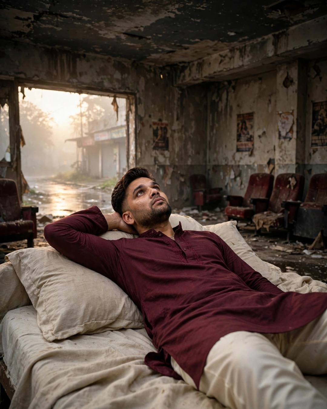 Young Indian man in a maroon kurta reclining among torn seats in an abandoned cinema hall at dawn