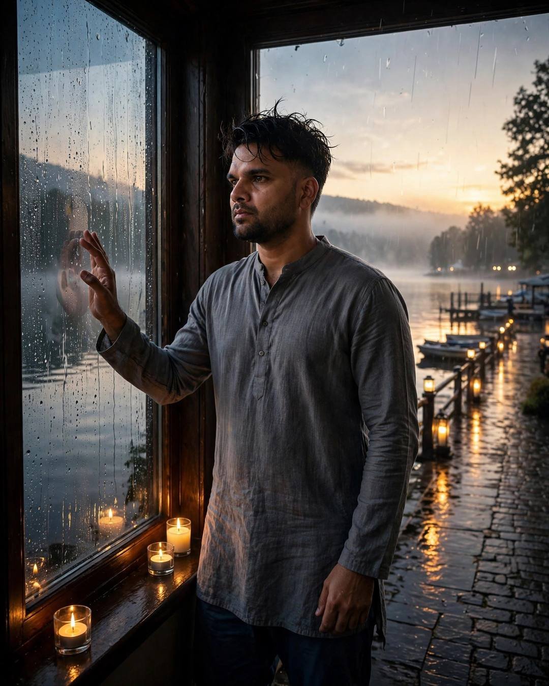 Young Indian man in a grey kurta standing at a rain-streaked window with candles, overlooking a lake pier at dawn