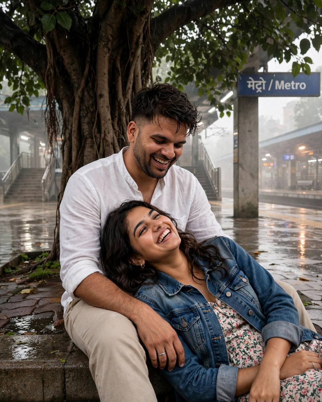 Cinematic AI photograph of a couple — planting a young gulmohar sapling together on — at sitting under a tree, her head in his lap, both laughing softly at midnight metro station, every picture a chapter, fragile mood