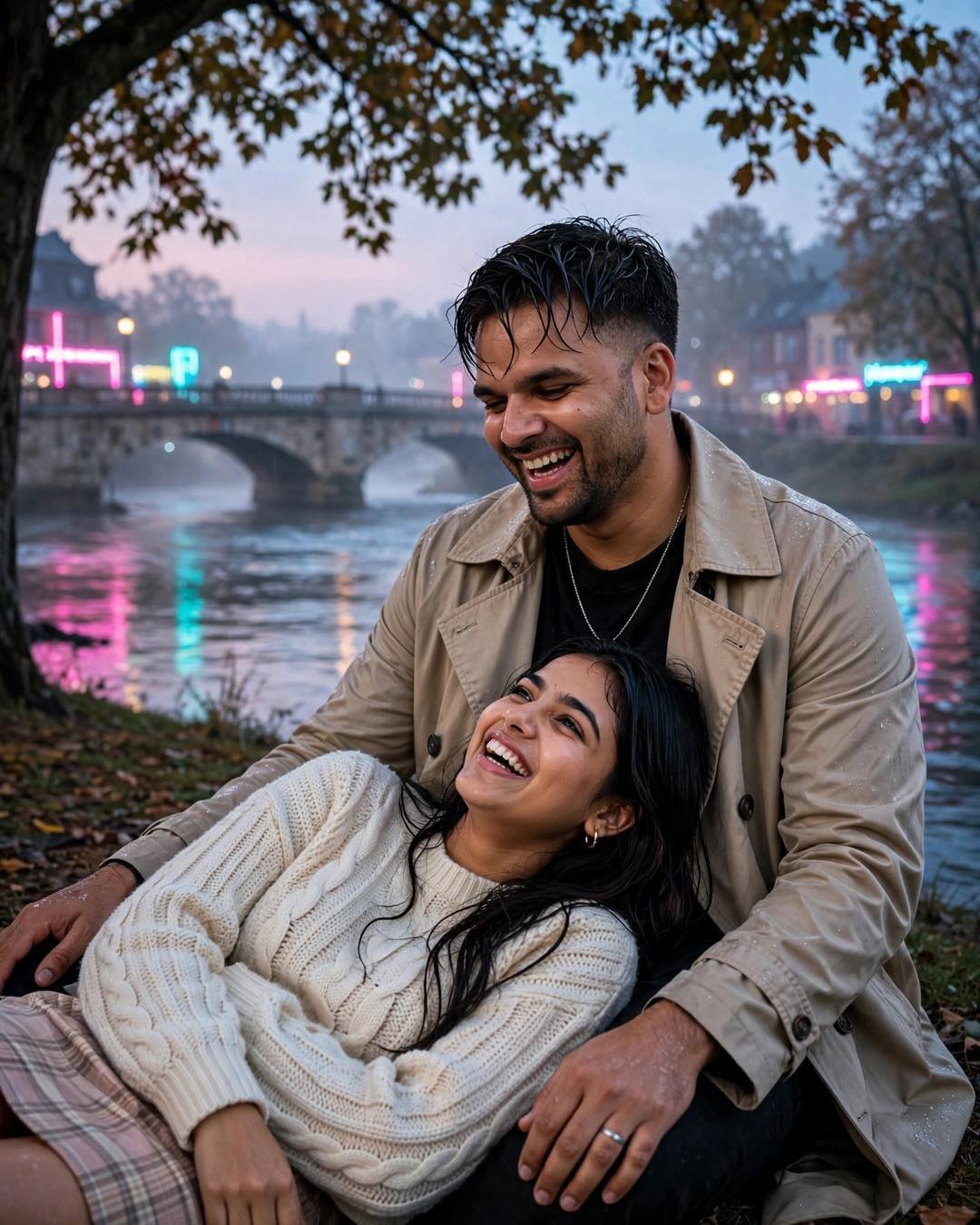Cinematic AI photograph of a couple — exchanging garlands in a marigold courtyard while — at sitting under a tree, her head in his lap, both laughing softly at bridge over a slow river, every picture a chapter, hopeful mood