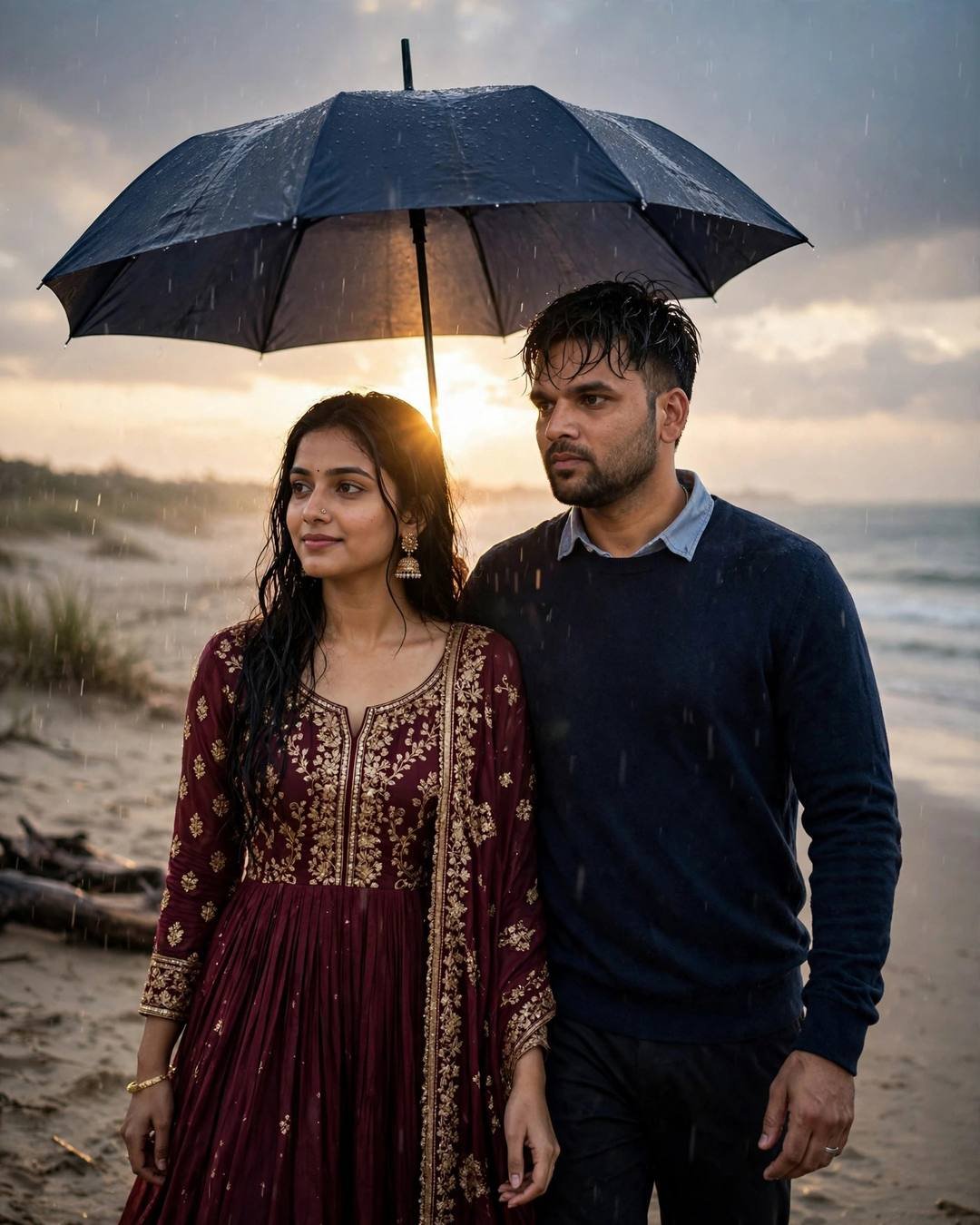 Cinematic AI photograph of a couple — holding their newborn under soft golden light — at walking side by side under one umbrella, shoulders touching at deserted beach at dusk, every picture a chapter, serene mood