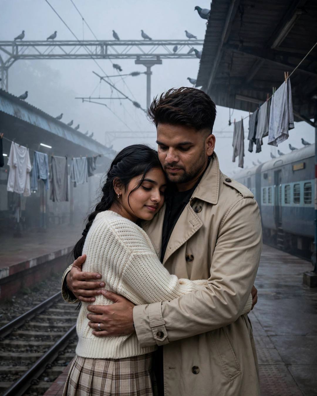 Cinematic AI photograph of a couple — dancing at their silver jubilee while wedding — at one last hug at a railway platform as the train waits at terrace with drying clothes lines and pigeons, every picture a chapter, hopeful mood
