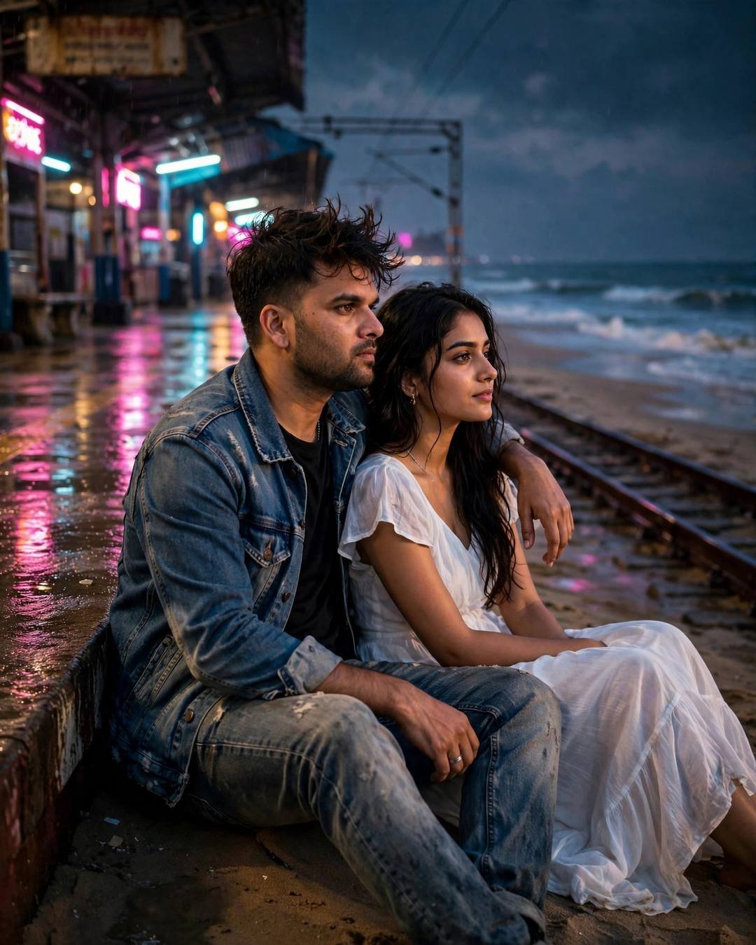 Cinematic AI photograph of a couple — the same old cafe, both older, both — at sitting on the sand watching the waves, his arm around her at empty railway platform at night, time stopped at hello, aching mood