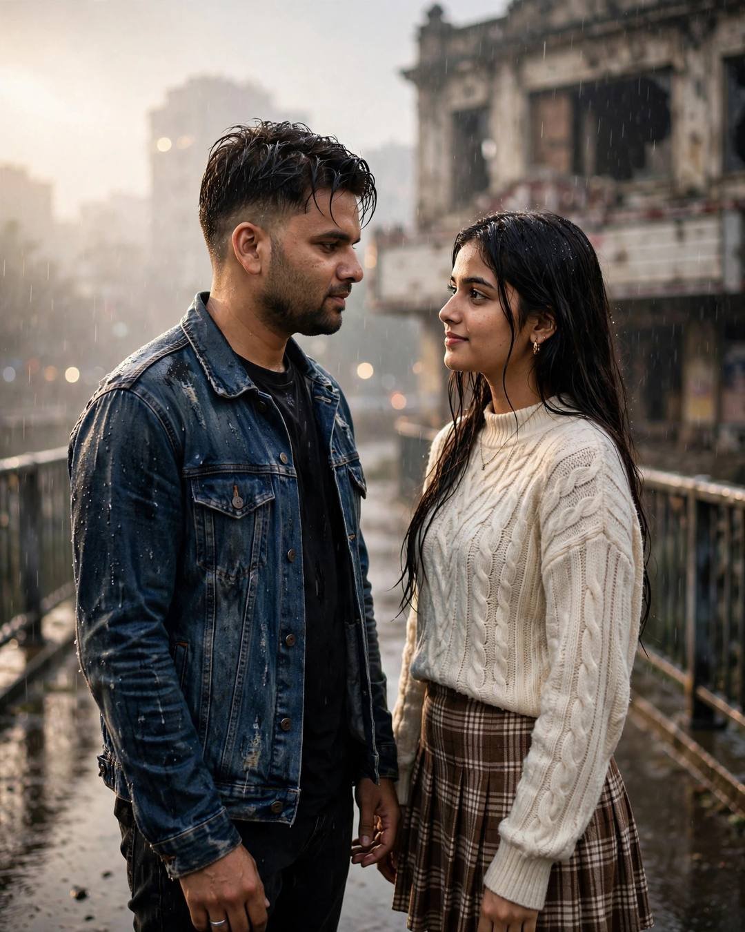 Cinematic AI photograph of a couple — their shopping carts colliding softly in a — at standing on a bridge, looking at each other while the city blurs at abandoned cinema hall, time stopped at hello, wistful mood