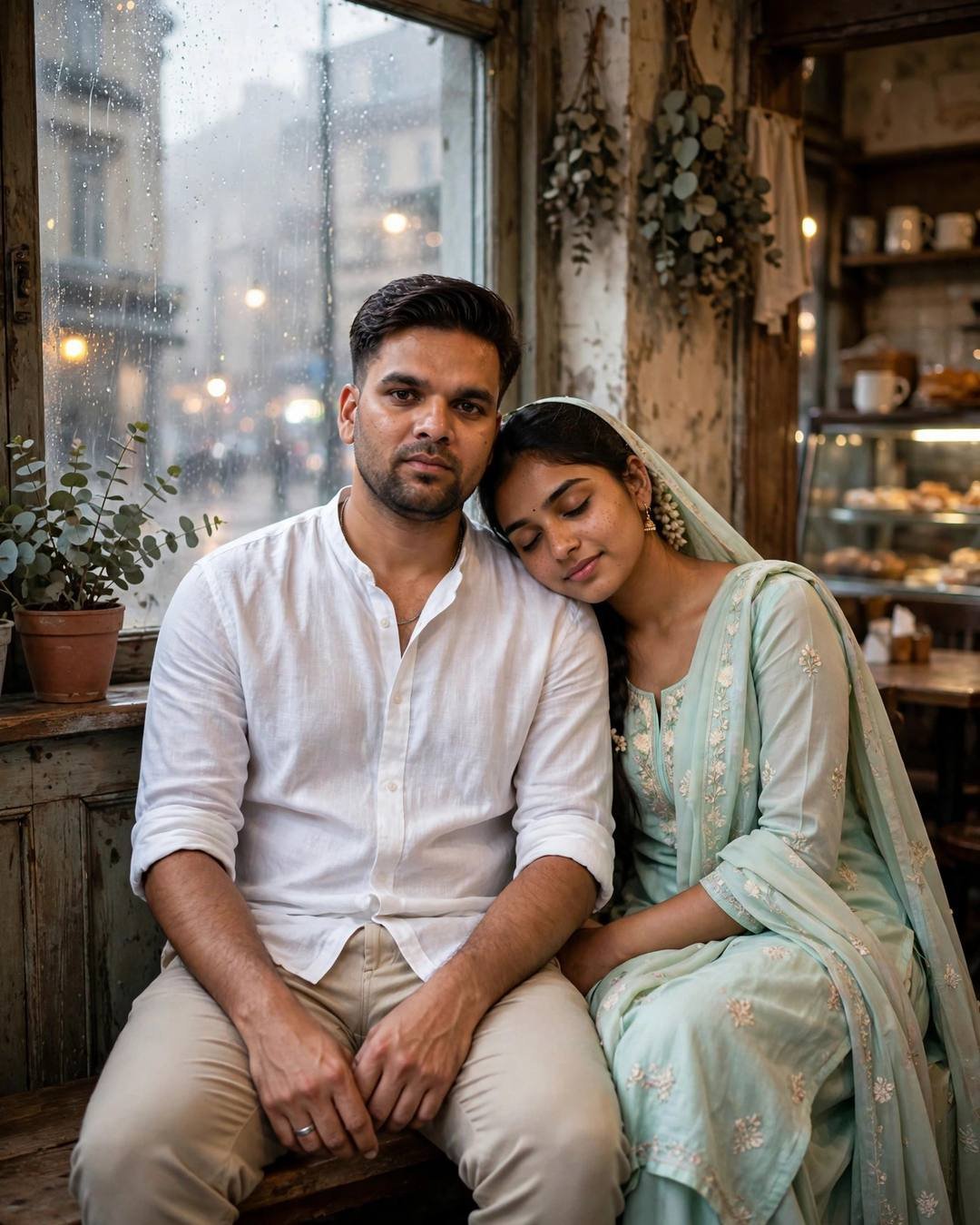 Cinematic AI photograph of a couple — finding each other on the same riverside — at sitting close on a bench, her head resting on his shoulder at old cafe by a fogged window, time stopped at hello, serene mood