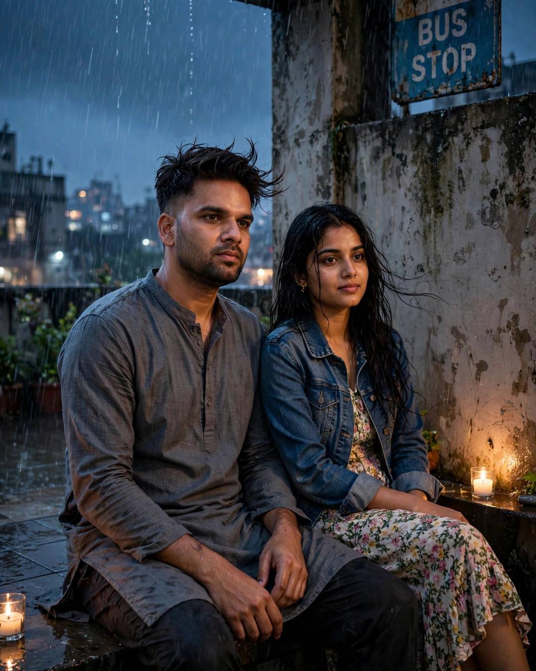 Cinematic AI photograph of a couple — crossing paths unexpectedly on a misty mountain — at sitting on a rooftop, backs against the wall, sharing silence at bus stop in the rain, time stopped at hello, fragile mood