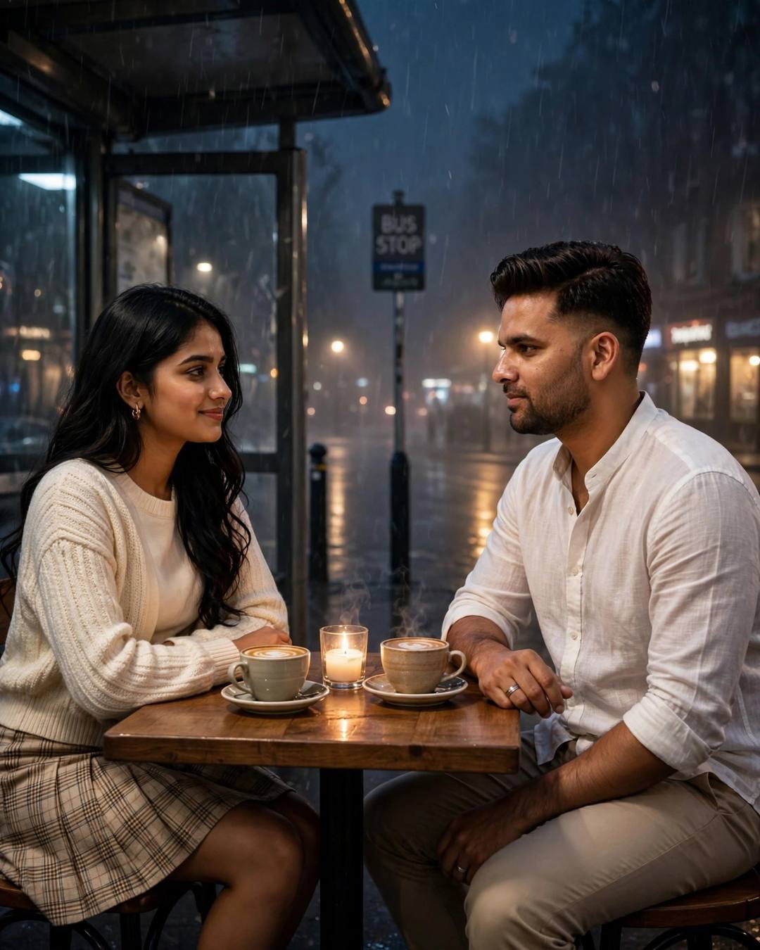Cinematic AI photograph of a couple — suddenly recognising his unmistakable laugh across a — at sitting across a small cafe table, hands almost touching over cups at bus stop in the rain, time stopped at hello, electric mood