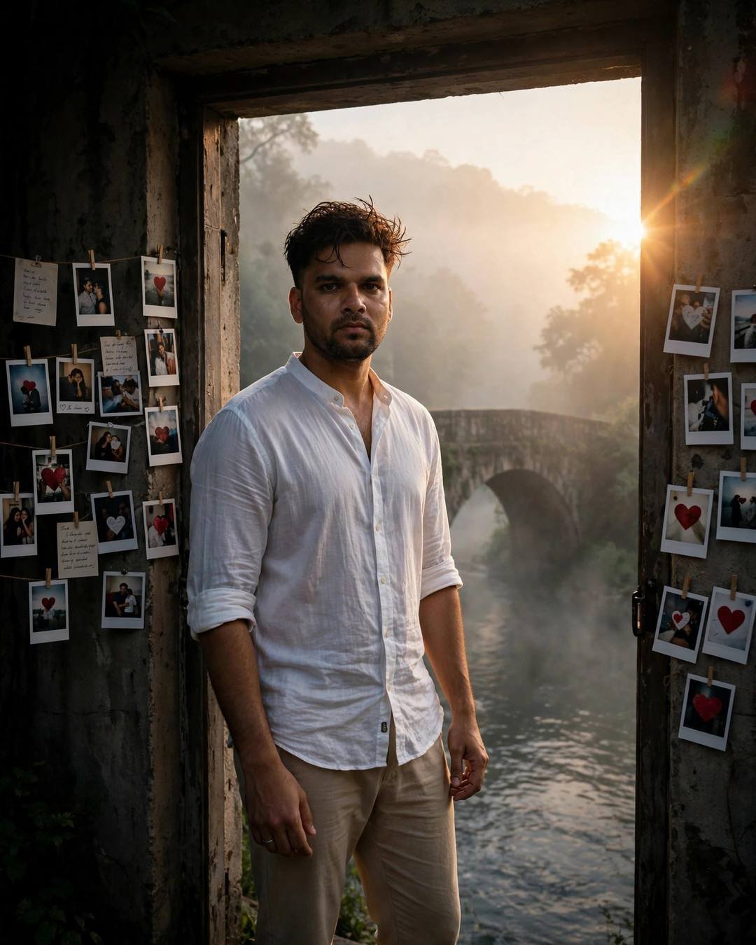 Cinematic AI photograph of a young man — revisiting their college canteen table — at standing in a doorway, half in shadow at bridge over a slow river, polaroids of the heart, electric mood