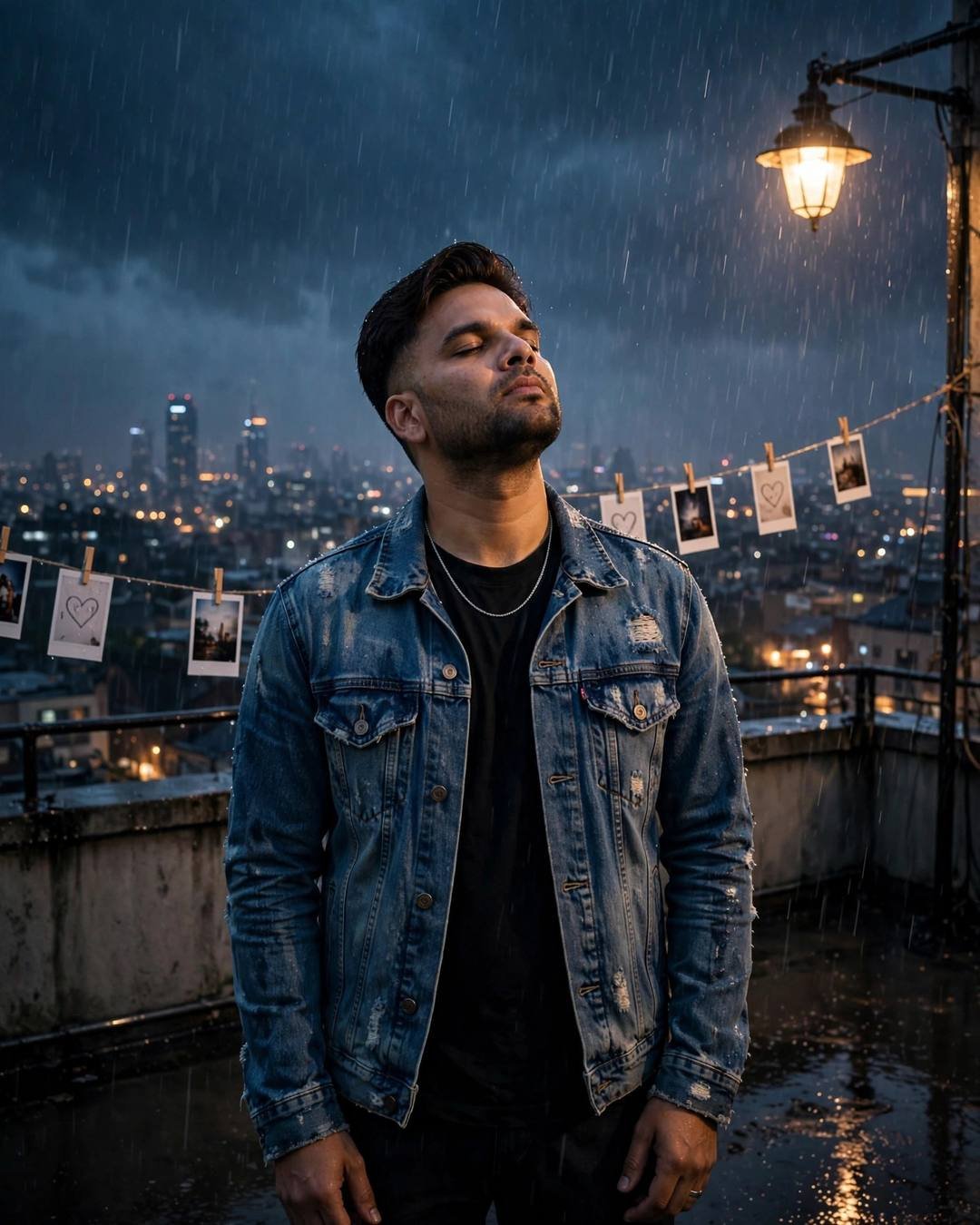 Cinematic AI photograph of a young man — an old school trophy still gleaming proudly — at standing under a streetlamp in the rain, face lifted to the sky at rooftop overlooking sleeping city lights, polaroids of the heart, wistful mood