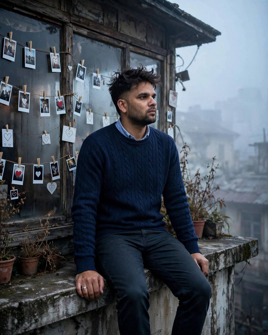 Cinematic AI photograph of a young man — dusting off his rusted childhood bicycle leaning — at sitting on a rooftop ledge, legs dangling over the edge at old cafe by a fogged window, polaroids of the heart, melancholic mood