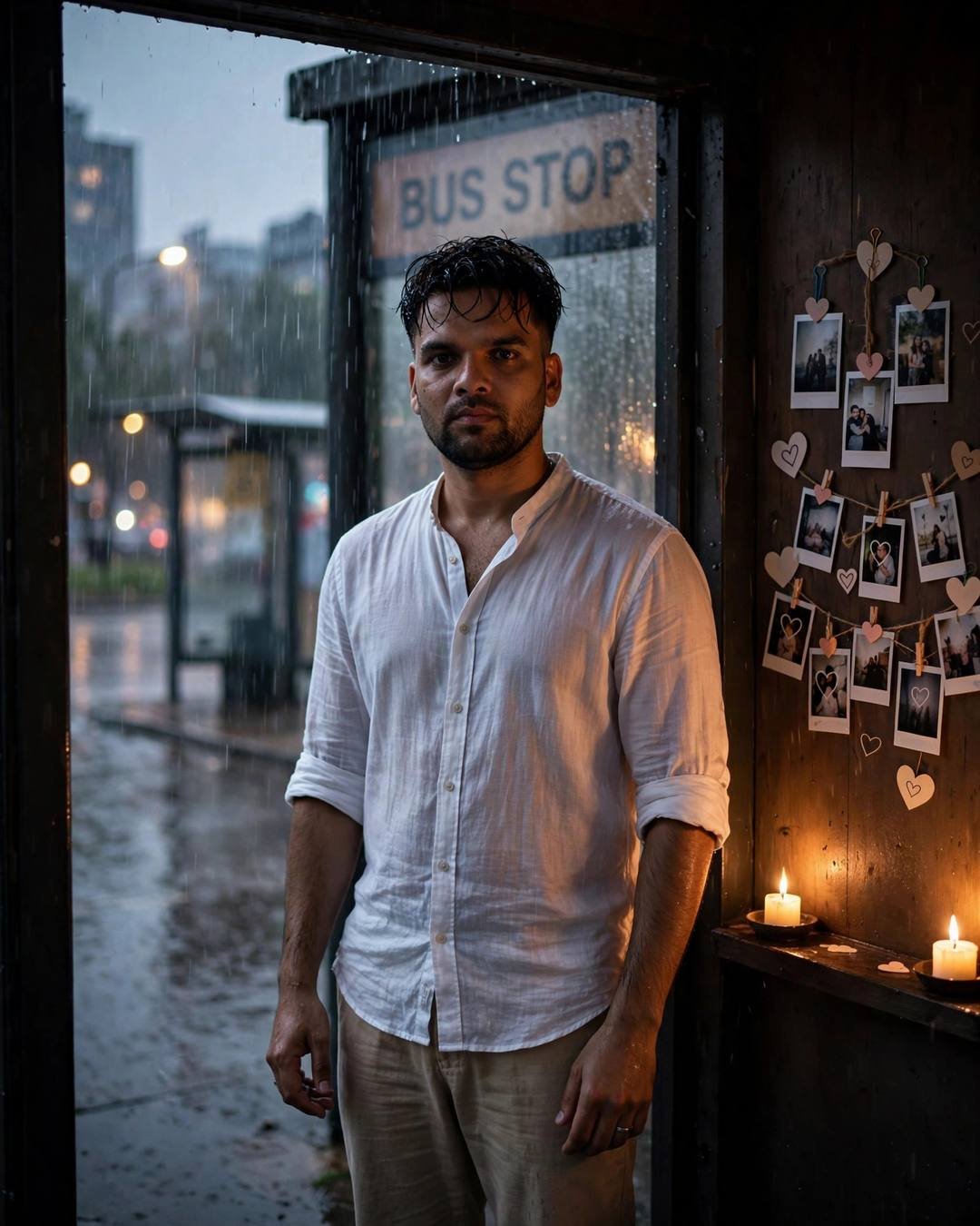 Cinematic AI photograph of a young man — a faded movie stub from their first — at standing in a doorway, half in shadow at bus stop in the rain, polaroids of the heart, hopeful mood