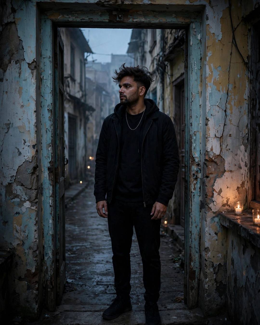 Young Indian man in black streetwear standing in a candlelit doorway of an old-city lane at night