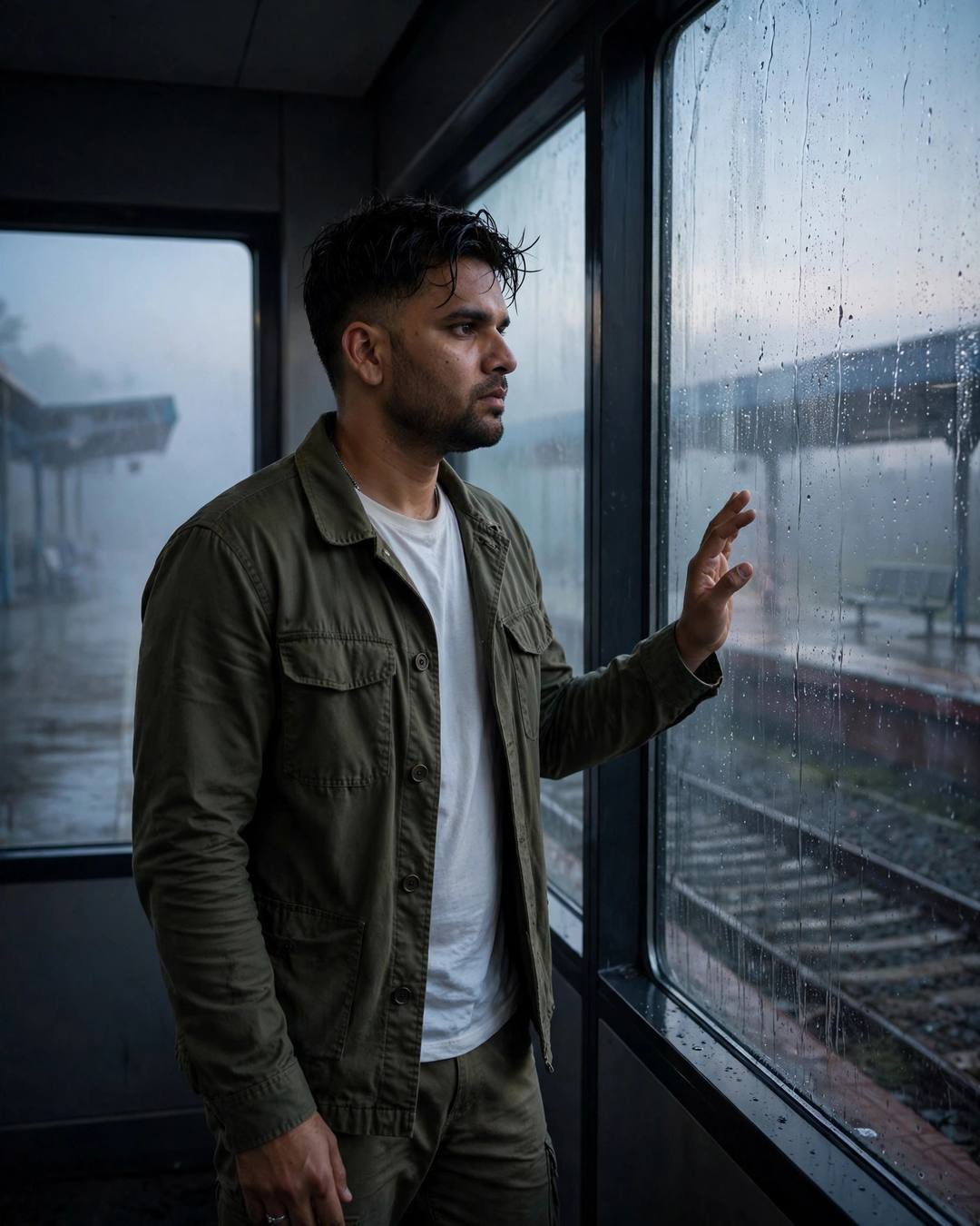 Young Indian man in an olive field jacket with his hand on a rain-streaked window at a foggy railway platform