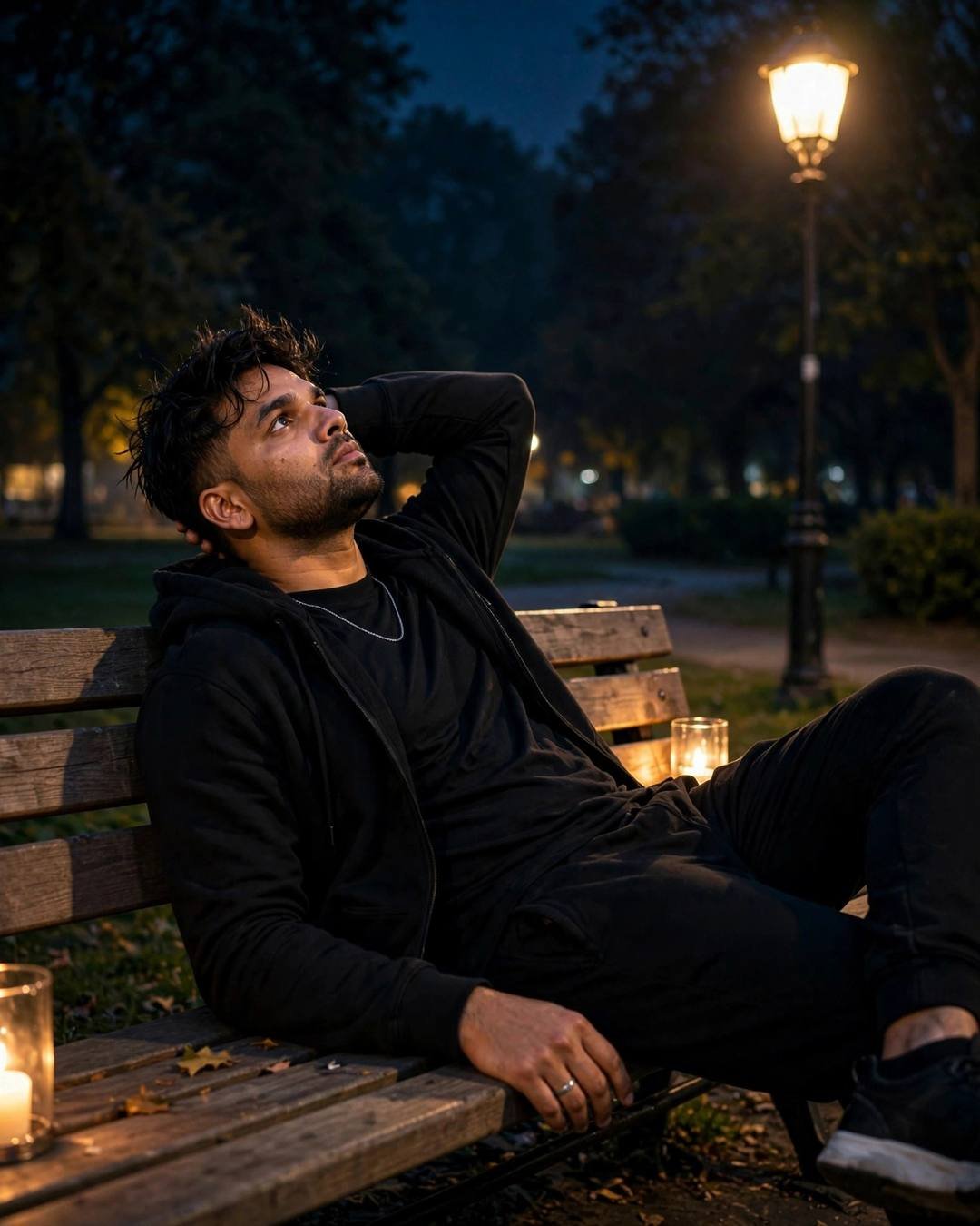 Young Indian man in black streetwear reclining on a park bench under a lone lamp at night