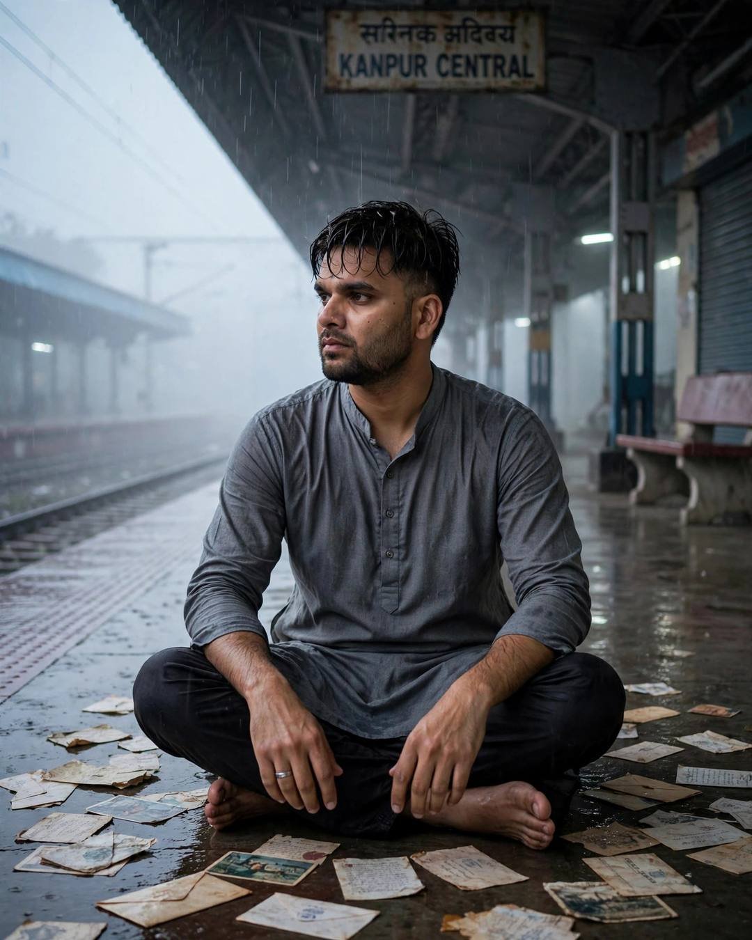 Young Indian man in a grey kurta sitting among old letters on a rainy railway platform at night
