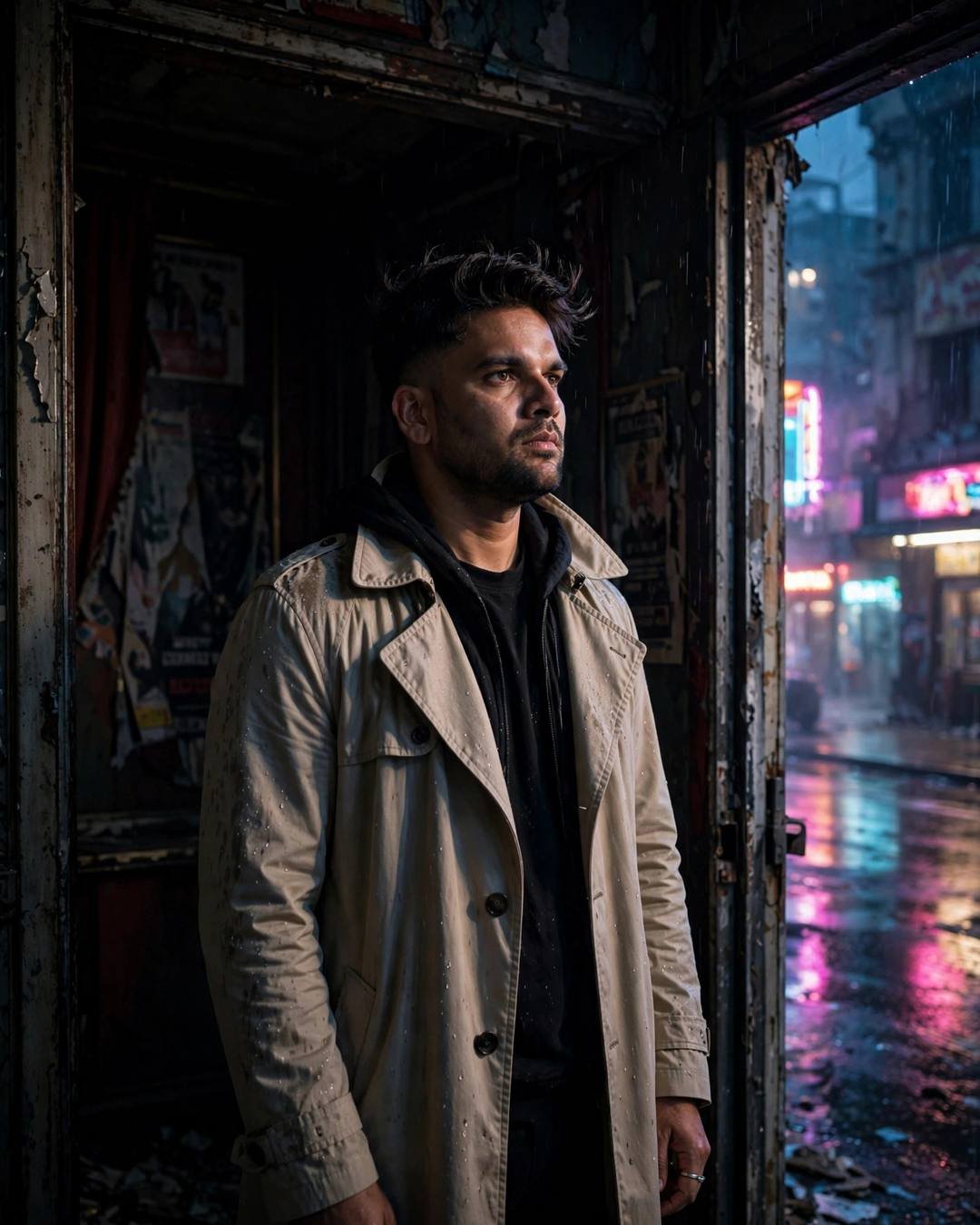 Cinematic AI photograph of a young man — tracing the faces in old photographs with — at standing in a doorway, half in shadow at abandoned cinema hall, deeper thoughts, passionate mood