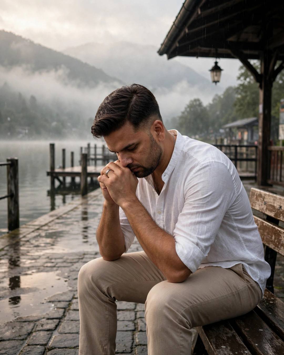 Cinematic AI photograph of a young man — sketching her face from memory in a — at sitting on station bench, elbows on knees, head in hands at quiet lake pier at dawn, deeper thoughts, melancholic mood