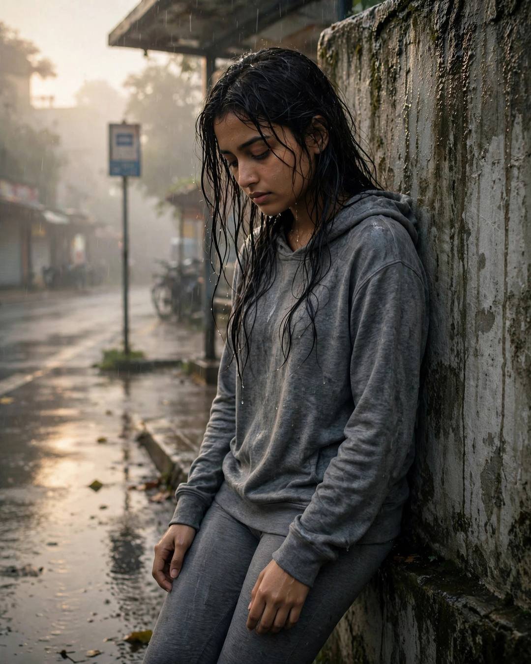 Cinematic AI portrait of a young Indian woman — a thick stack of old letters tied — at leaning against a weathered wall, head tilted down at bus stop in the rain, mystery aesthetic, melancholic mood