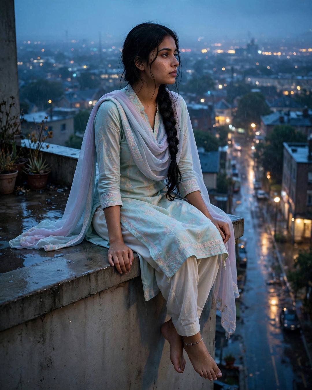 Cinematic AI portrait of a young Indian woman — a vinyl record spinning in a dark — at sitting on a rooftop ledge, legs dangling over the edge at rooftop overlooking sleeping city lights, mystery aesthetic, fragile mood