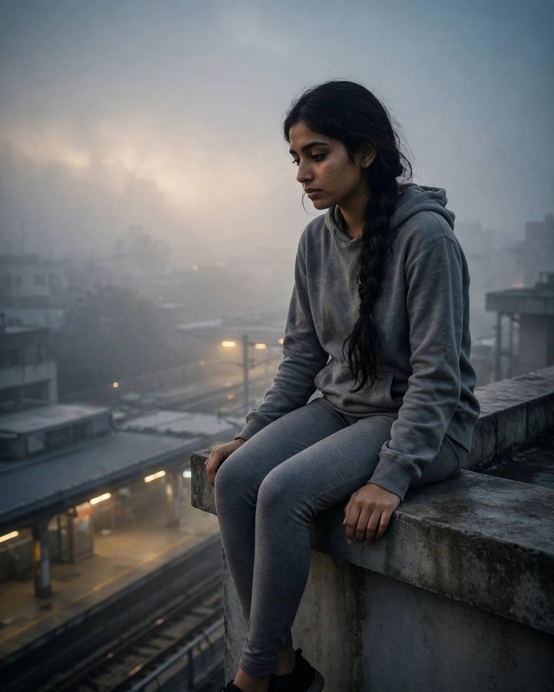 Cinematic AI portrait of a young Indian woman — an old film projector flickering softly against — at sitting on a rooftop ledge, legs dangling over the edge at midnight metro station, mystery aesthetic, fragile mood