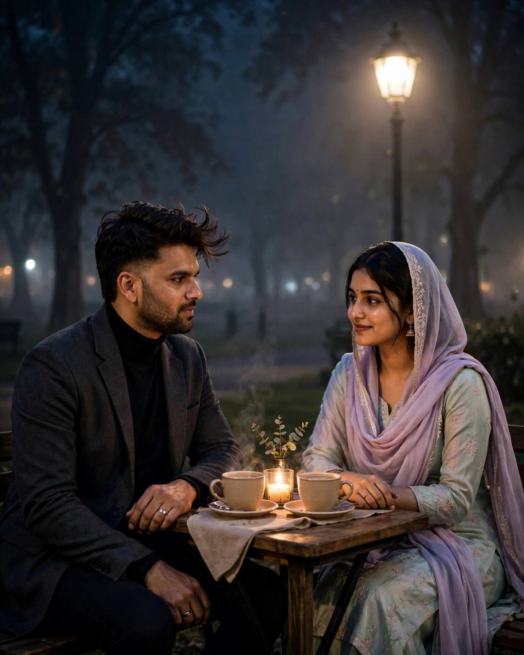 Night Couple AI portrait — Sharing secrets on a moonlit terrace, charcoal blazer, black turtleneck, windswept textured hair, sitting across a small cafe table, hands almost touching over cups at park bench under a lone lamp