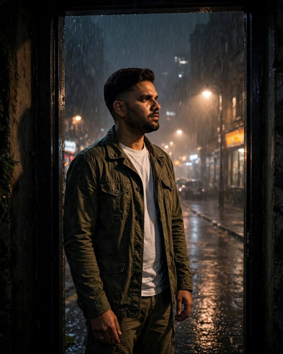 Man in olive field jacket and white tee standing in a doorway half in shadow on a rain-soaked city street at midnight under sodium streetlamps