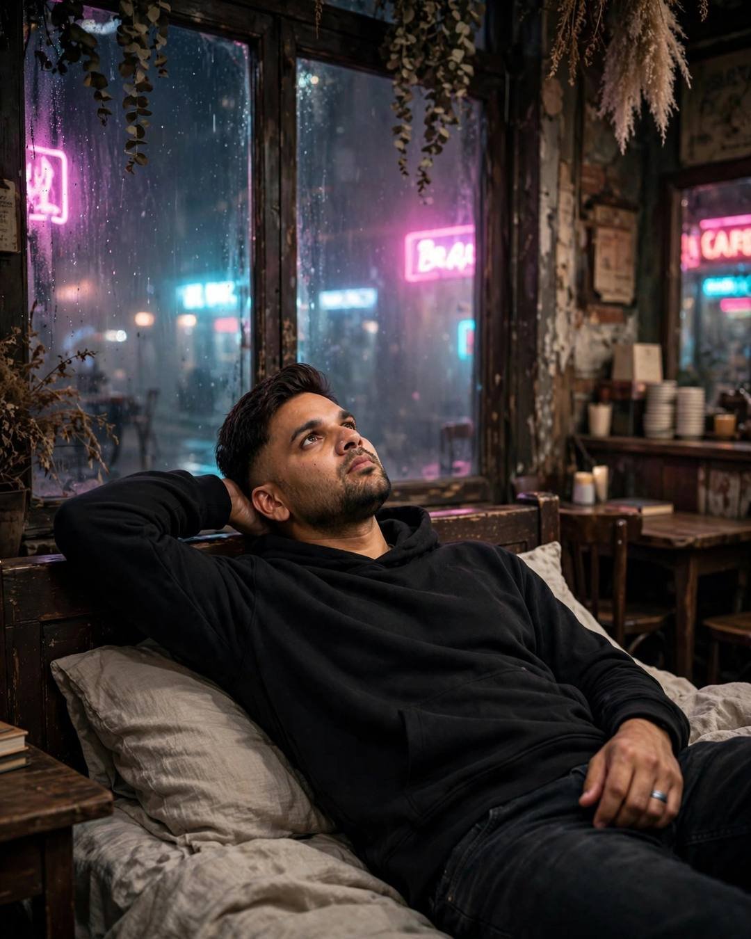 Man in black oversized hoodie and dark jeans reclining with one arm behind his head by a fogged cafe window with neon pink and cyan light