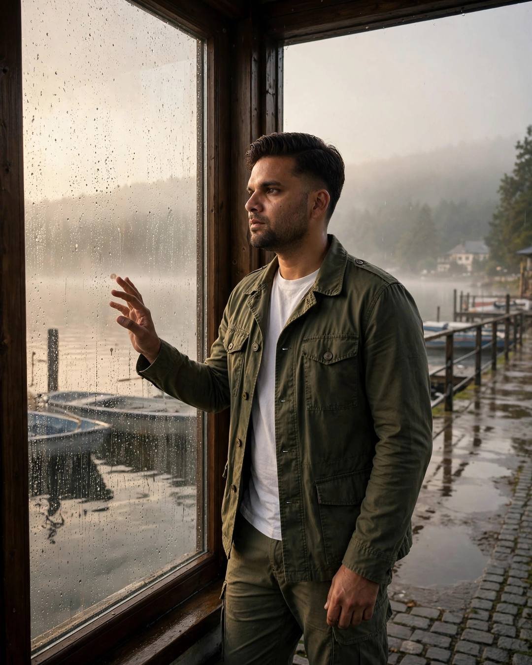 Man in olive field jacket standing at a rain-streaked window overlooking a quiet lake pier at dawn with golden overcast light