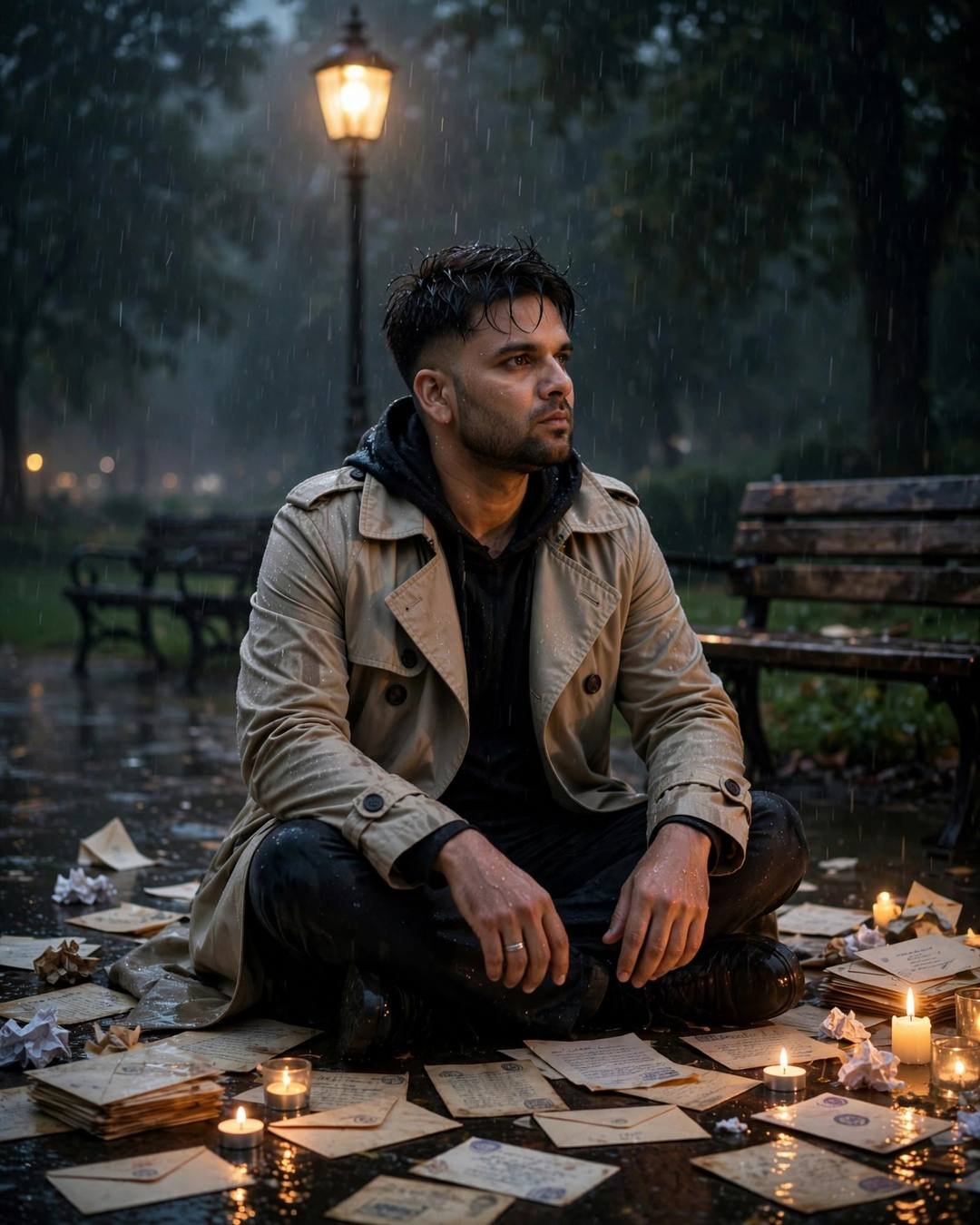 Man in beige trench coat sitting cross-legged on wet ground surrounded by old letters and candles under a lone park lamp in light rain