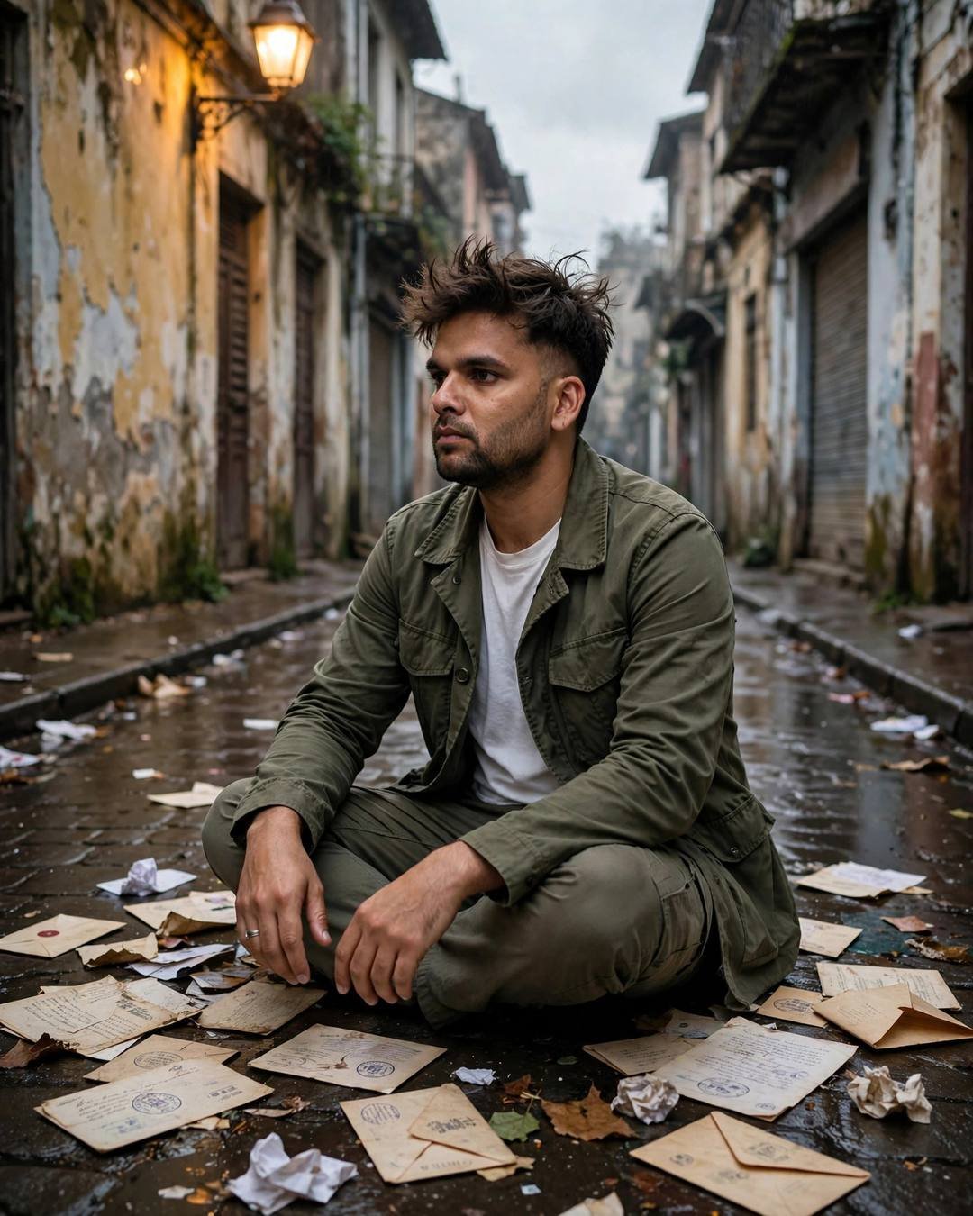 Man in olive field jacket sitting cross-legged on a wet narrow old-city lane surrounded by old letters under warm sodium streetlamp light