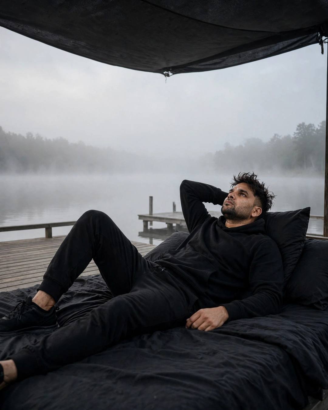 Chai in a kulhad as announcements echo — Railway Station cinematic AI portrait: all-black streetwear with sneakers, slightly messy morning hair at dawn, stories on platforms, electric mood