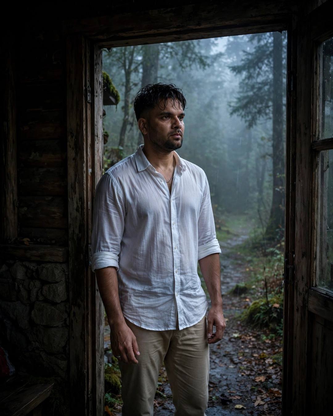 Pacing the lonely platform edge as the — Railway Station cinematic AI portrait: white linen shirt with rolled sleeves, beige trousers, damp rain-wet hair at misty forest path, stories on platforms, wistful mood