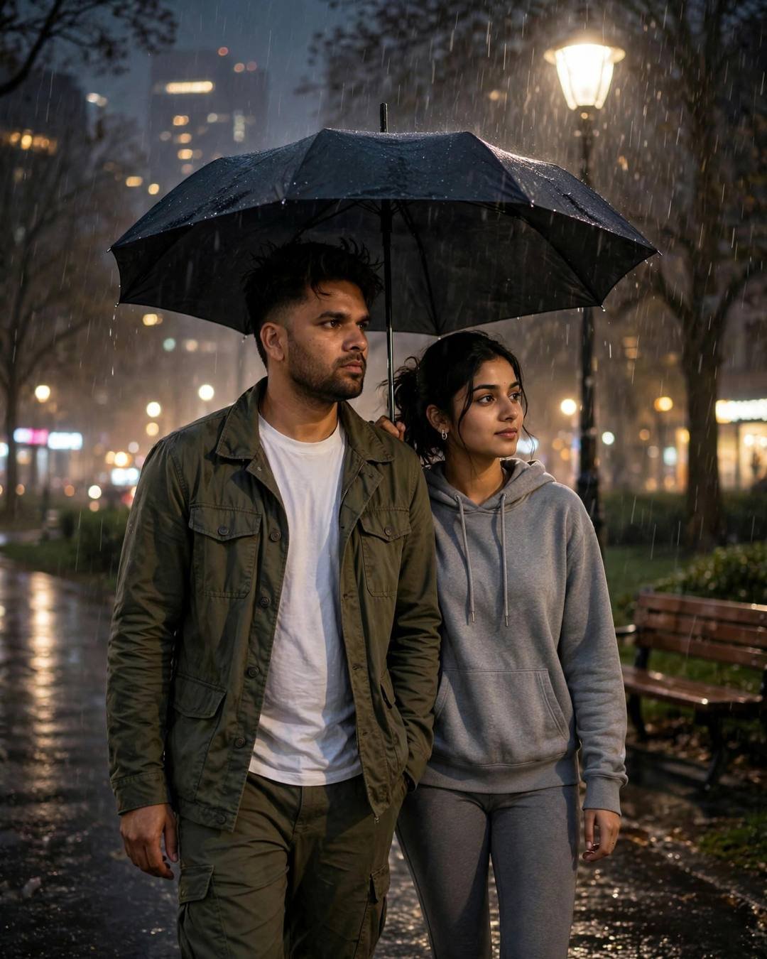 Rainy Couple AI portrait — Lightning flashing brightly while they count the, olive field jacket, white tee, cargo pants, slightly messy morning hair, walking side by side under one umbrella, shoulders touching at park bench under a lone lamp